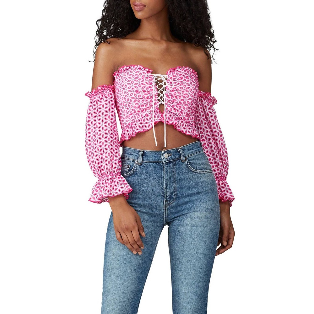 Bardot Eyelet Embroidered Milkmaid Lace Up Floral Crop Top Pink Ruffle Size 8